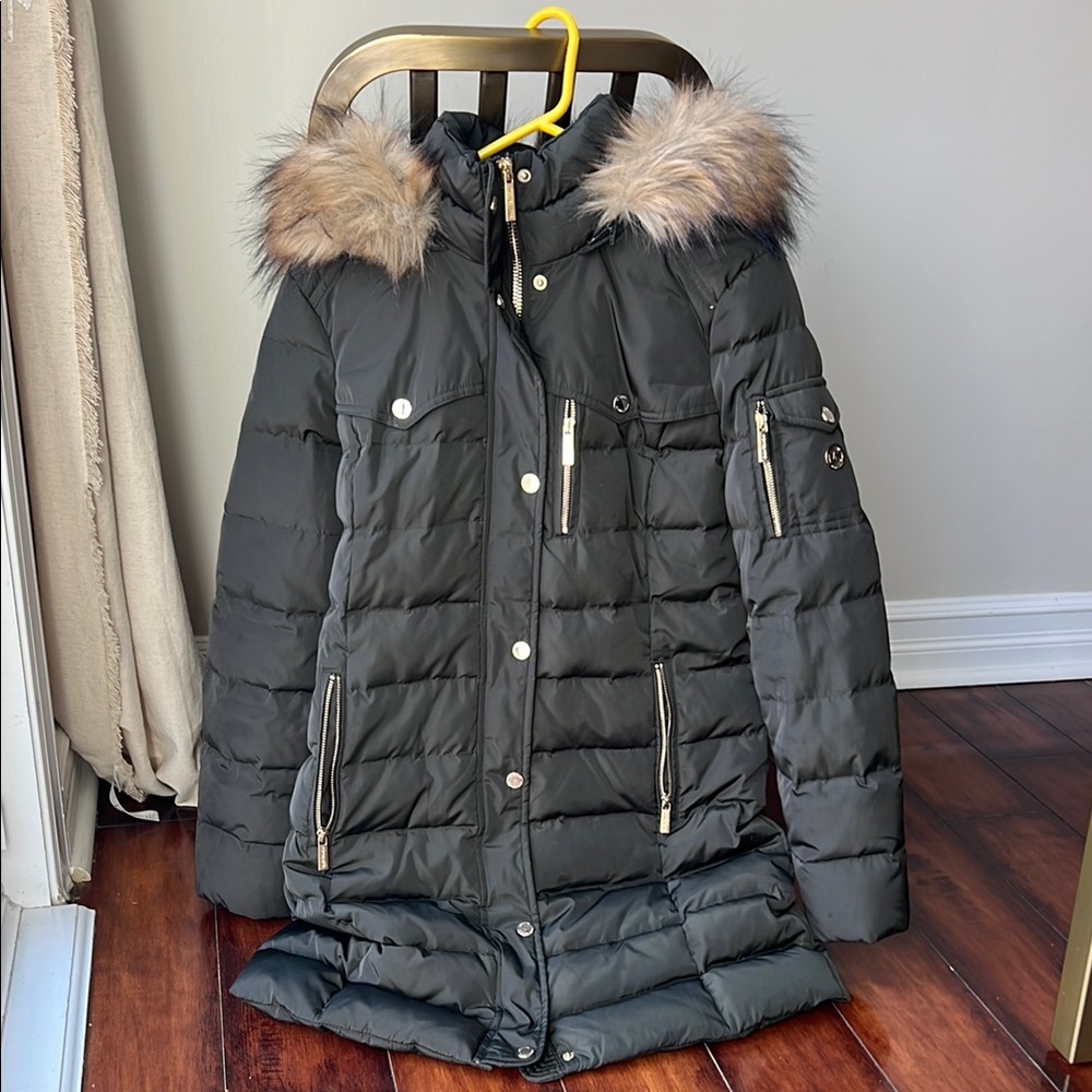 Michael Kors Puffer Coat with Fur-Trimmed Hood in Forest Green
